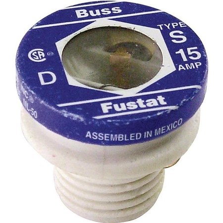 EATON BUSSMANN Plug Fuse, S Series, Time-Delay, 15A, 125V AC, Indicating, 10kA at 125V AC BP/S-15